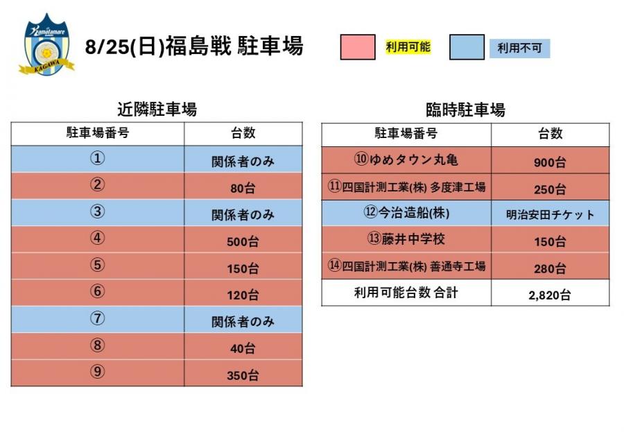 8/25明治安田 高松支社presents福島戦】駐車場・シャトルバス